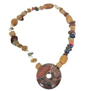 14K Gold Plated Teak Wood Natural Stone Circle Pendant Necklace Peace Lucky